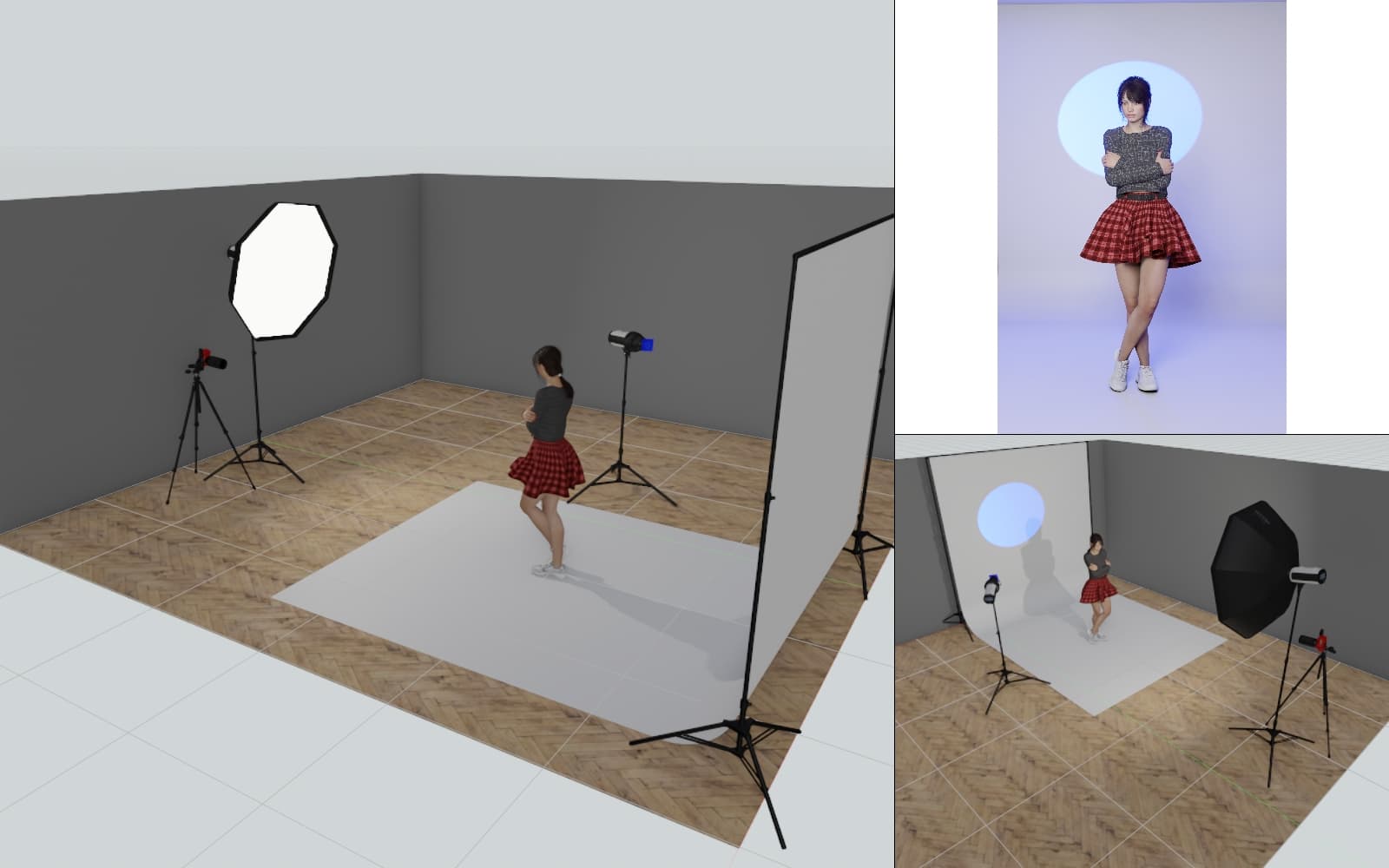 Ustawienie lamp do portretu studyjnego: softbox z przodu i GOBO na tło