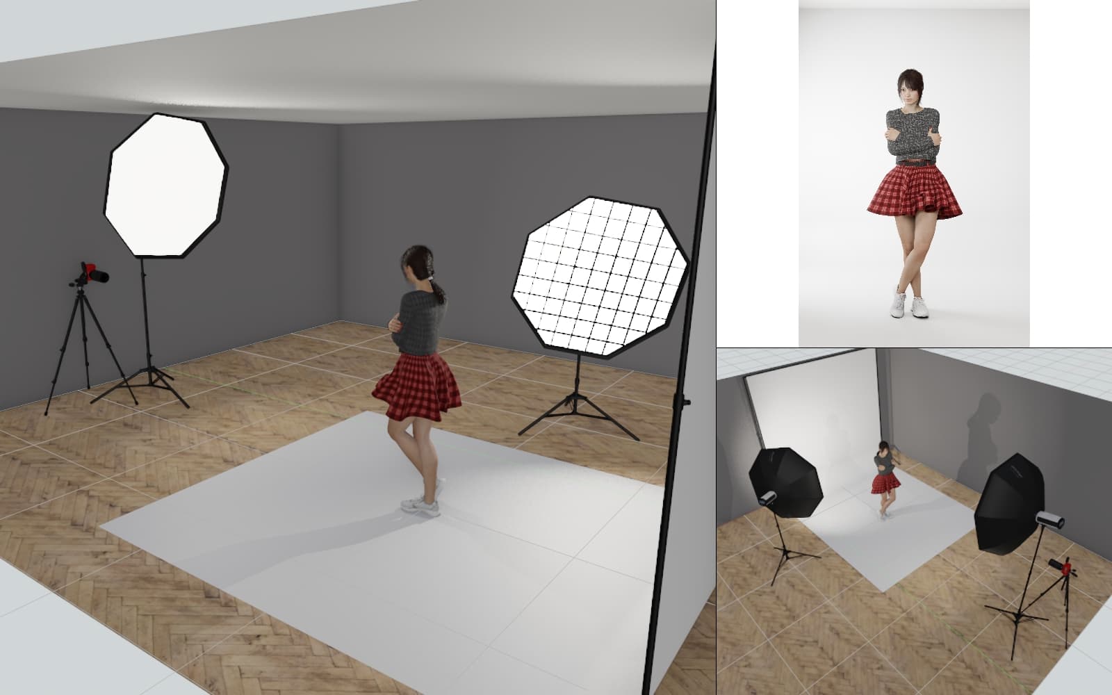Schemat ustawienia dwóch lamp: oktabox na wprost i softbox z gridem na tło