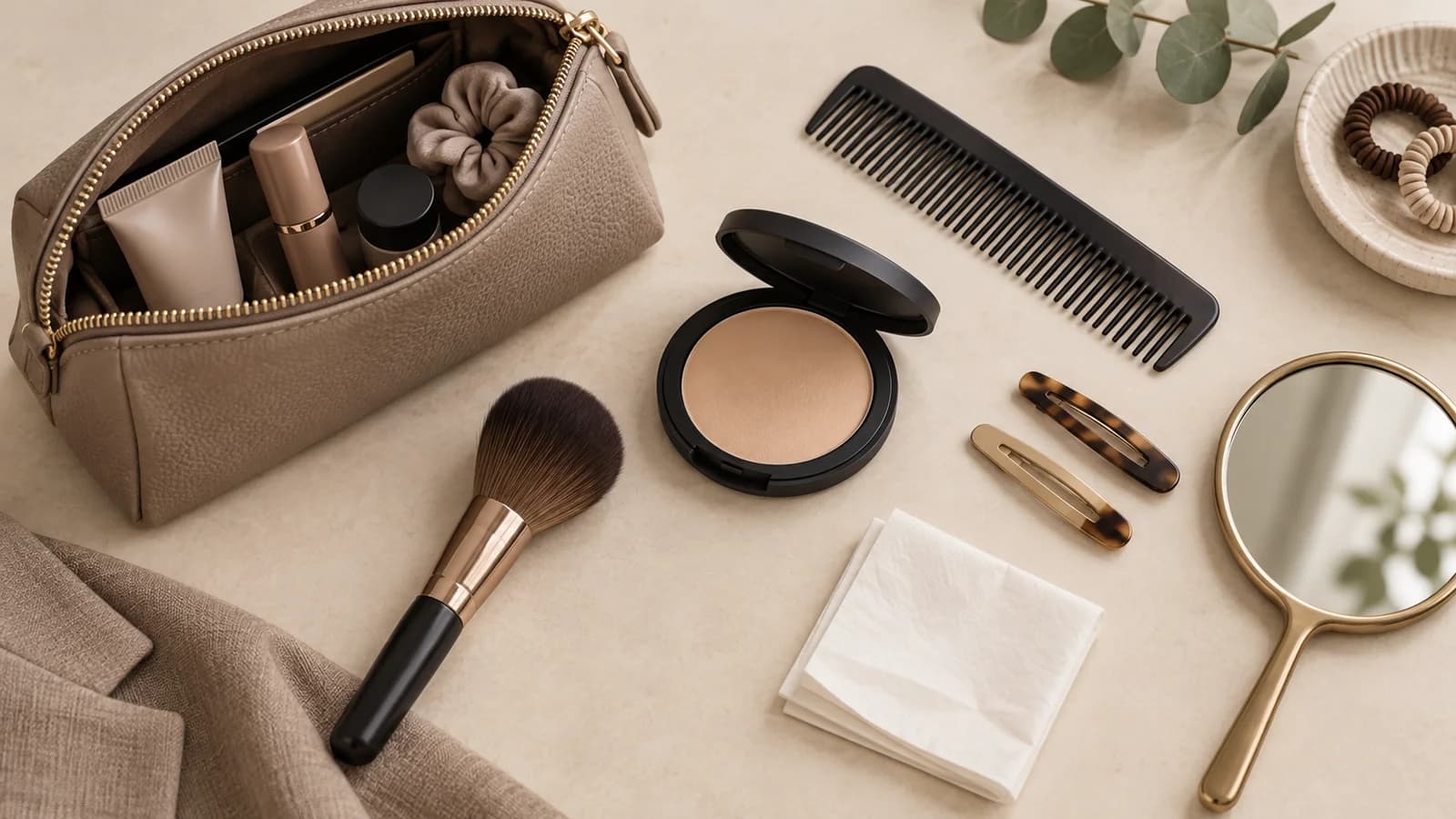 Kosmetyczka, pędzel, puder, grzebień i lusterko na jasnym blacie