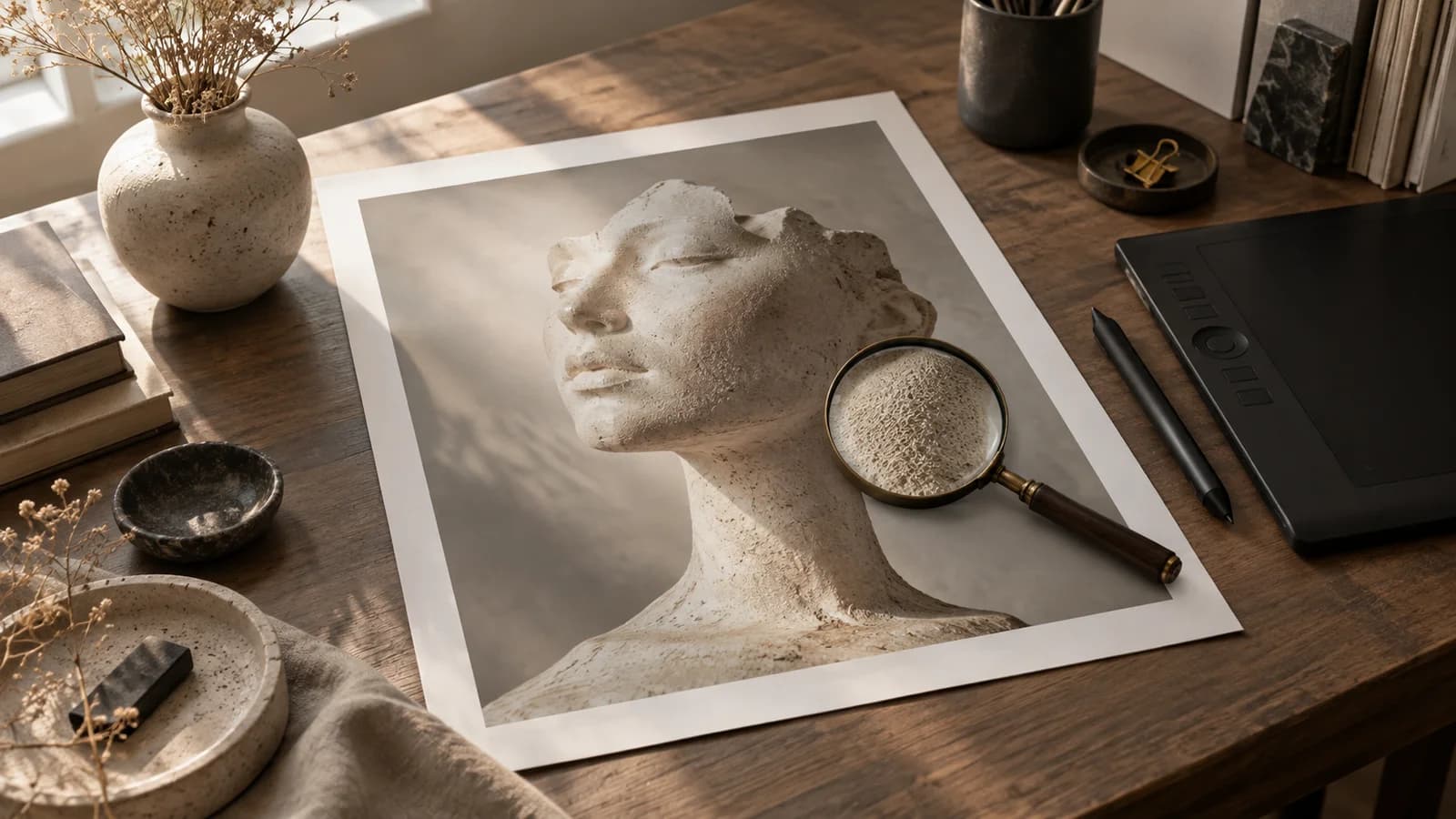 Tablet graficzny i lupa nad fotografią ceramicznego popiersia