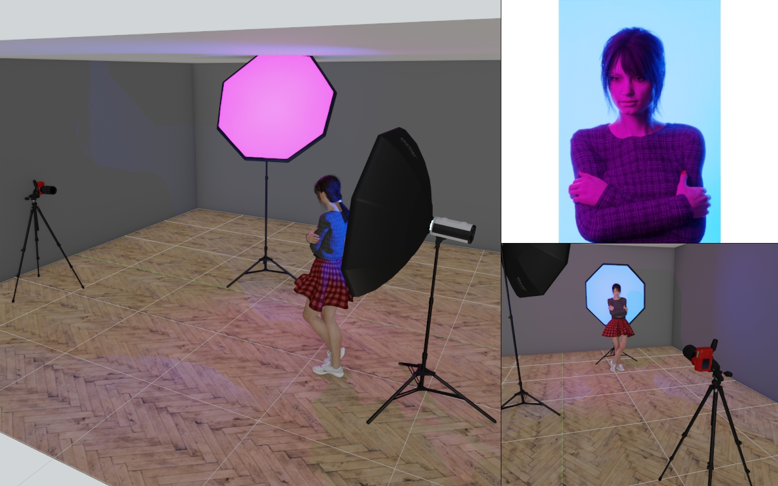 Ustawienie lamp w studio: dwa oktaboksy z żelami kolorowymi